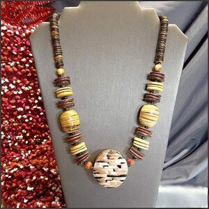 1980s Vintage Big Bead Necklace Black Lip Mother of Pearl w Coral n Coconut